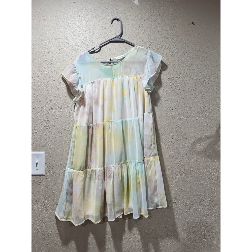 Blu Pepper Watercolor Tie Dye Babydoll Dress Pastel Ruffle Sleeve Mini Womens M